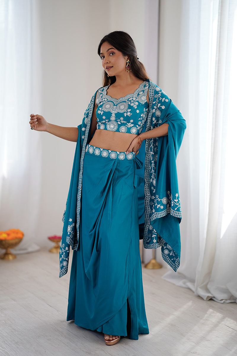 Rama Blue Festive Saree UK | White Floral Embroidery & Elegant Drape RTI