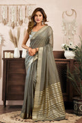 Premium Grey Khadi Cotton Saree UK | Printed Design & Brocade Blouse RTI