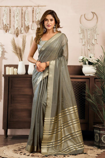Premium Grey Khadi Cotton Saree UK | Printed Design & Brocade Blouse RTI