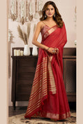 Elegant Red Khadi Cotton Saree UK | Handcrafted Print with Brocade Blouse Piece RTI