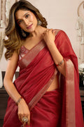 Elegant Red Khadi Cotton Saree UK | Handcrafted Print with Brocade Blouse Piece RTI