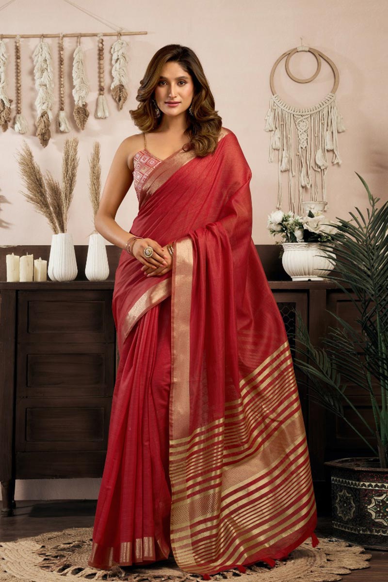 Elegant Red Khadi Cotton Saree UK | Handcrafted Print with Brocade Blouse Piece RTI