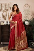 Elegant Red Khadi Cotton Saree UK | Handcrafted Print with Brocade Blouse Piece RTI