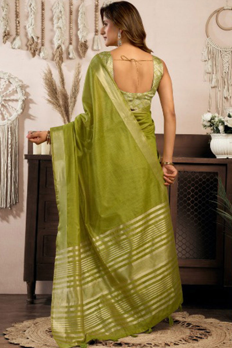 Green Affordable Cotton Saree UK | Khadi Fabric with Designer Brocade Blouse RTI