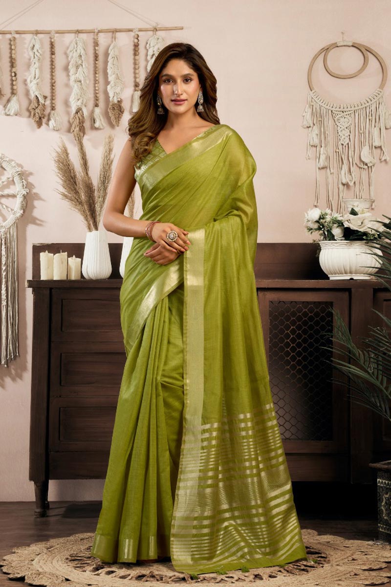 Green Affordable Cotton Saree UK | Khadi Fabric with Designer Brocade Blouse RTI