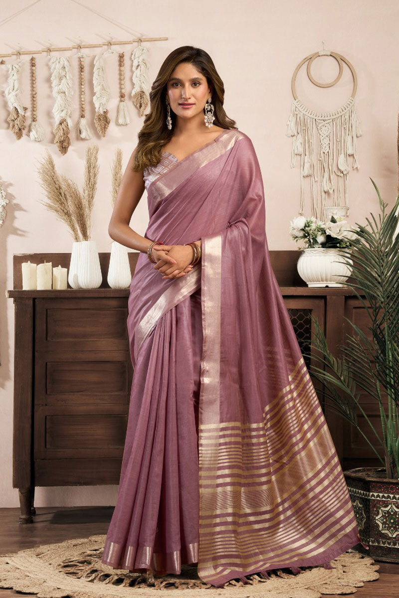Lavender Traditional Khadi Saree UK | Printed Work & Festive Brocade Blouse RTI