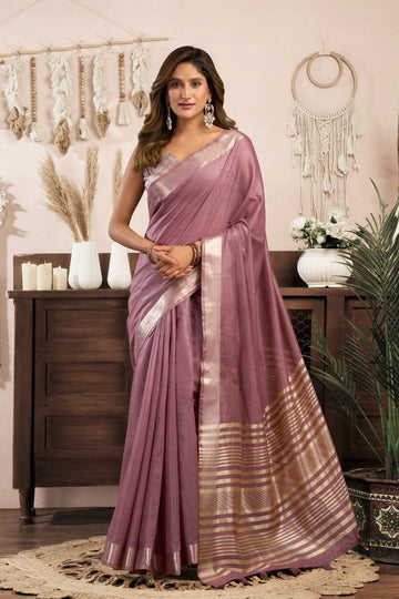 Lavender Traditional Khadi Saree UK | Printed Work & Festive Brocade Blouse RTI