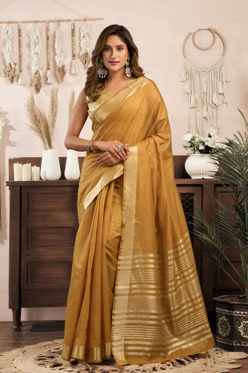 Light Mustard Ethnic Saree UK | Khadi Cotton with Stylish Brocade Blouse RTI