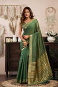 Green Khadi Cotton Saree UK | Printed Design & Brocade Blouse RTI
