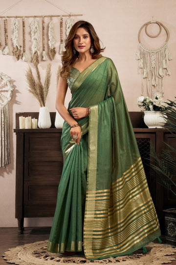 Green Khadi Cotton Saree UK | Printed Design & Brocade Blouse RTI