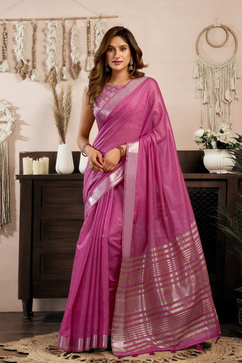 Pink Cotton Saree UK | Khadi Fabric with Designer Brocade Blouse RTI