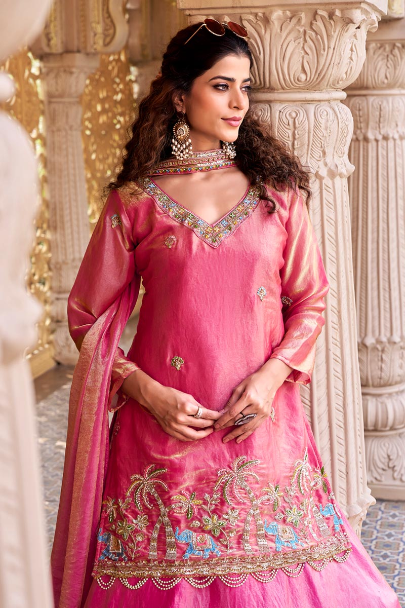 Premium Pink Embroidered Sharara UK | Floral Border & Elegant Dupatta RTI