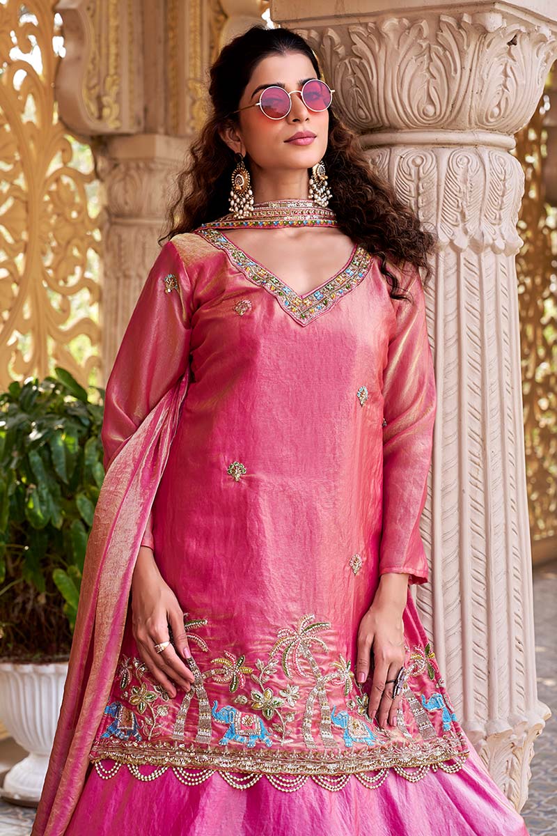 Premium Pink Embroidered Sharara UK | Floral Border & Elegant Dupatta RTI
