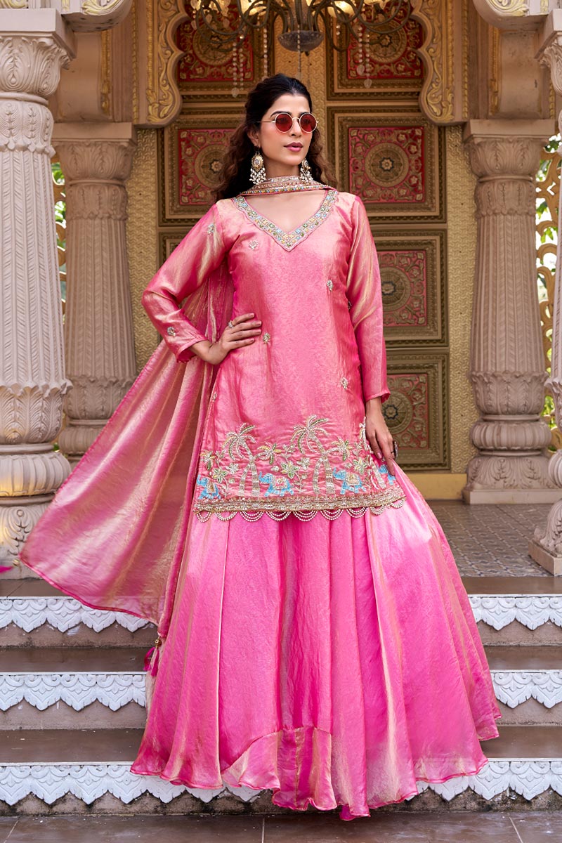 Premium Pink Embroidered Sharara UK | Floral Border & Elegant Dupatta RTI