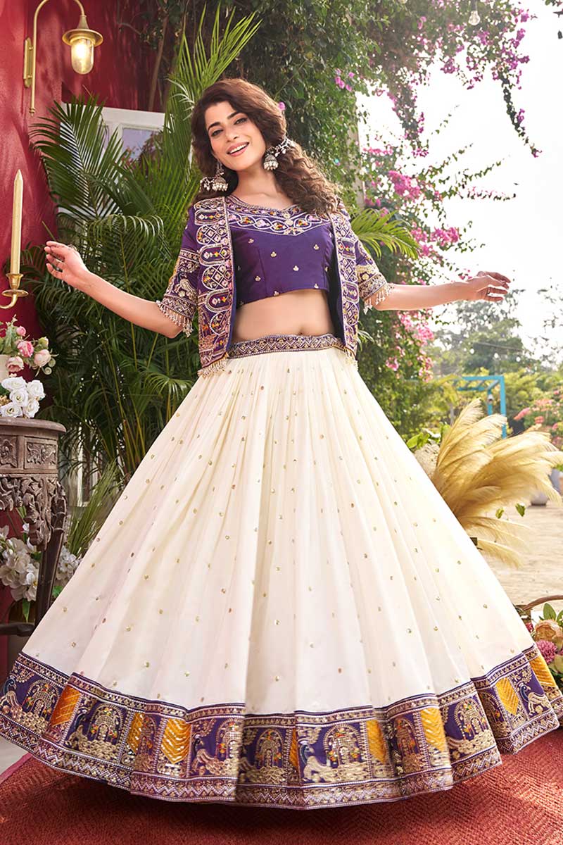 Purple & Ivory Festive Lehenga UK | Embroidered Heritage Border RTI