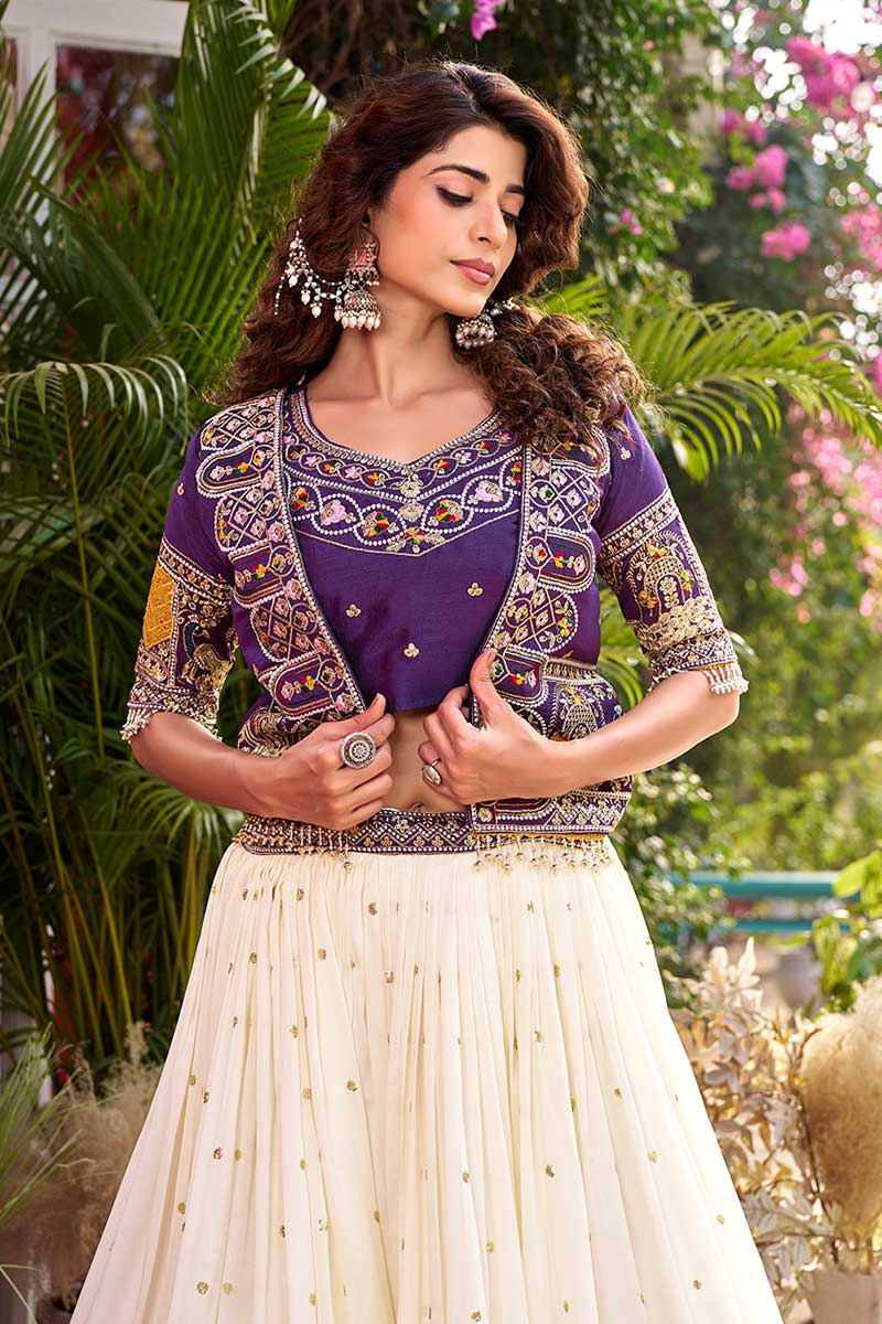 Purple & Ivory Festive Lehenga UK | Embroidered Heritage Border RTI