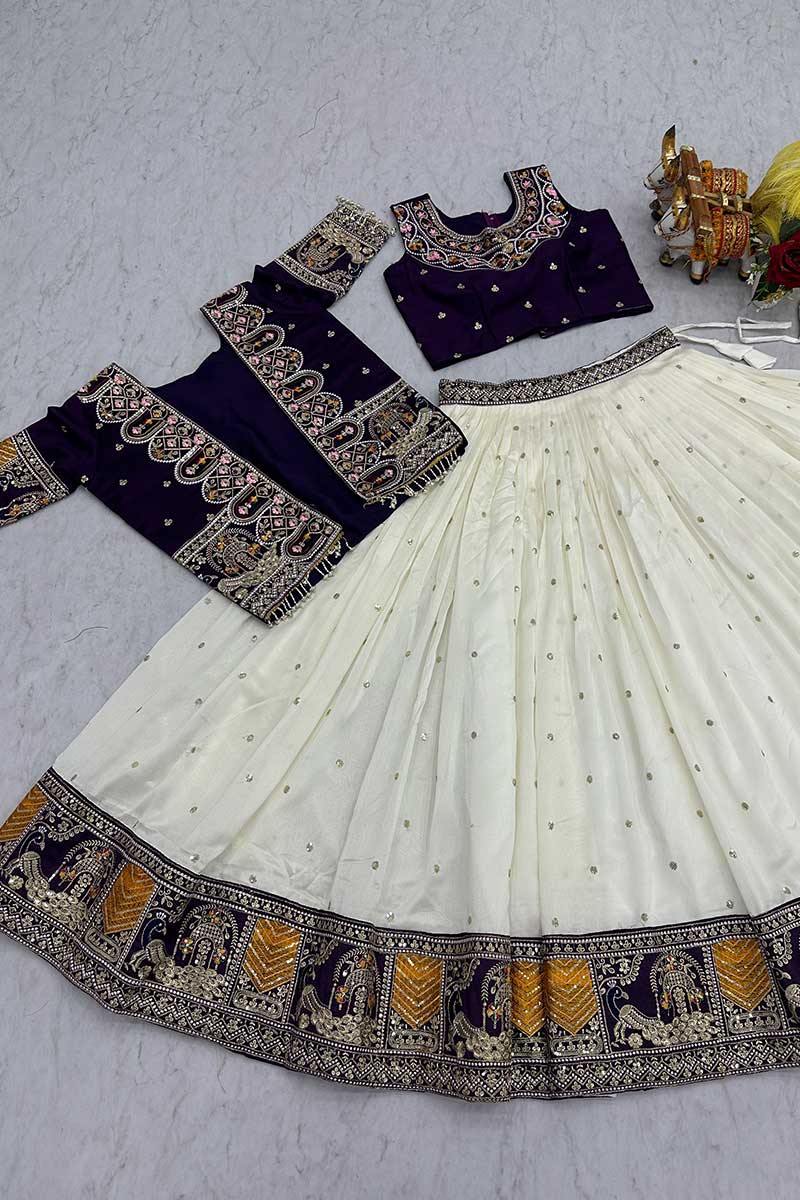 Purple & Ivory Festive Lehenga UK | Embroidered Heritage Border RTI