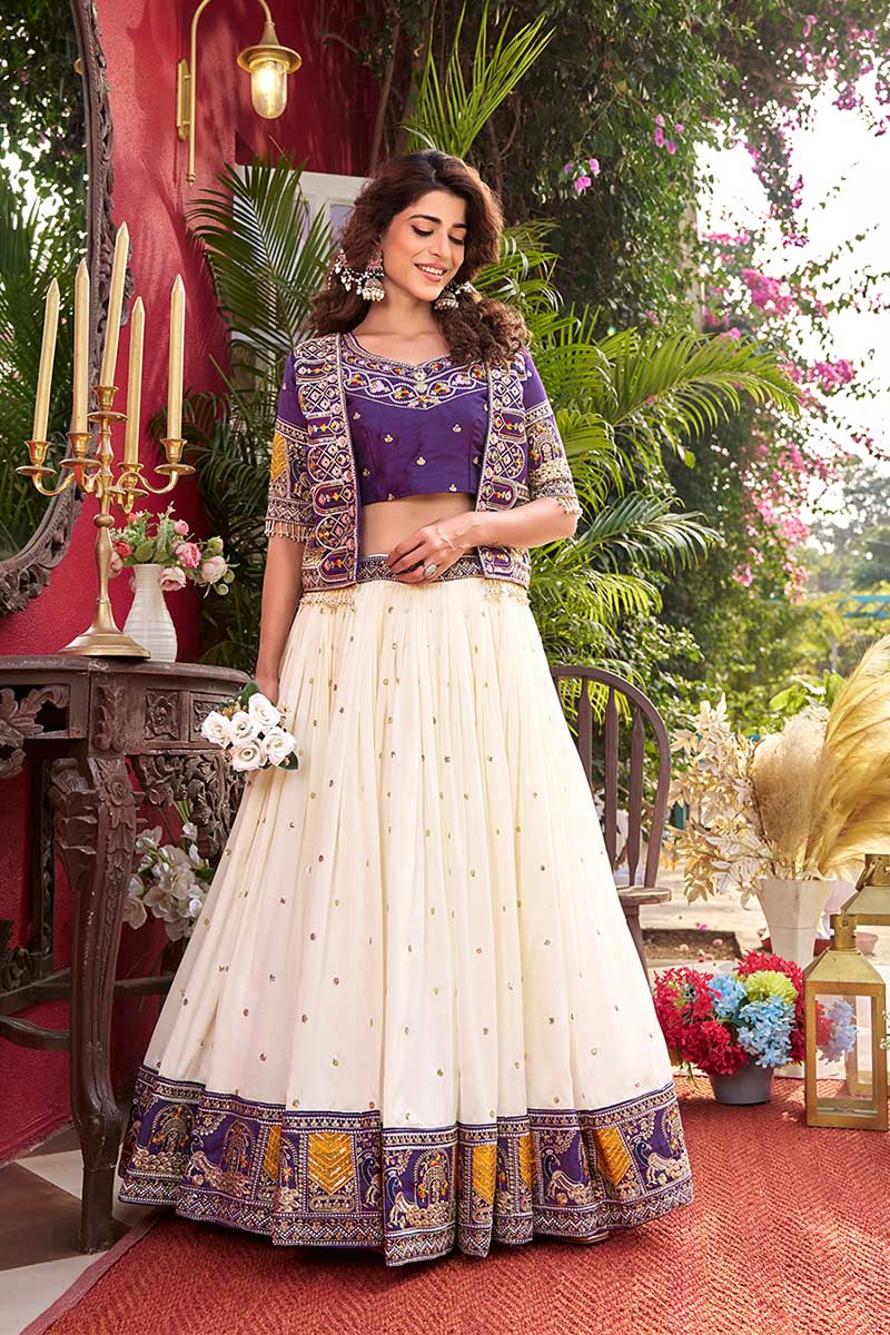 Purple & Ivory Festive Lehenga UK | Embroidered Heritage Border RTI