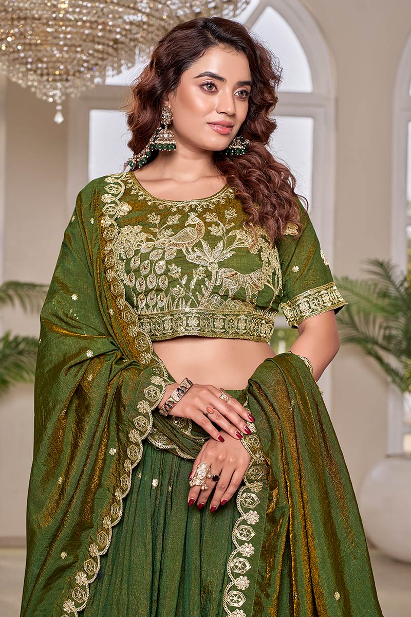 Mehendi Green Embroidered Lehenga Choli UK | Floral Zari Work & Elegant Dupatta RTI