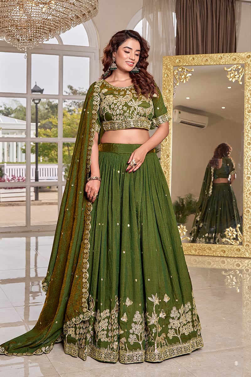 Mehendi Green Embroidered Lehenga Choli UK | Floral Zari Work & Elegant Dupatta RTI