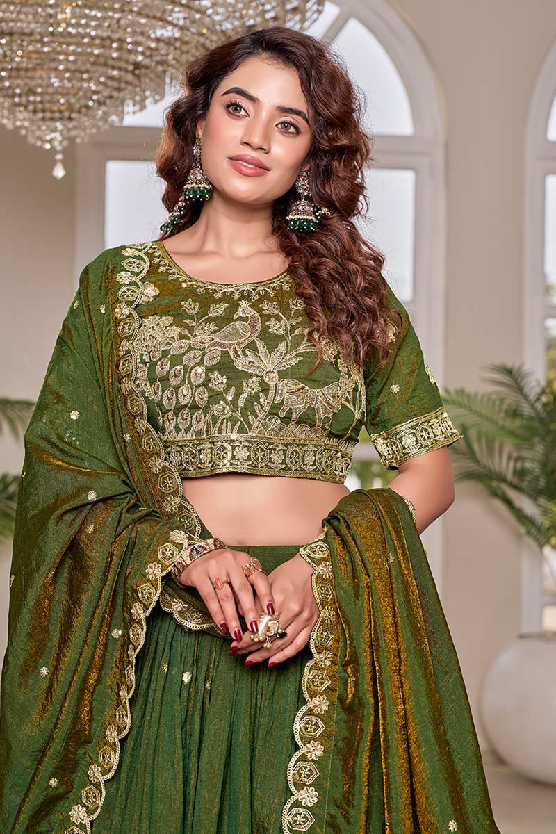 Mehendi Green Embroidered Lehenga Choli UK | Floral Zari Work & Elegant Dupatta RTI