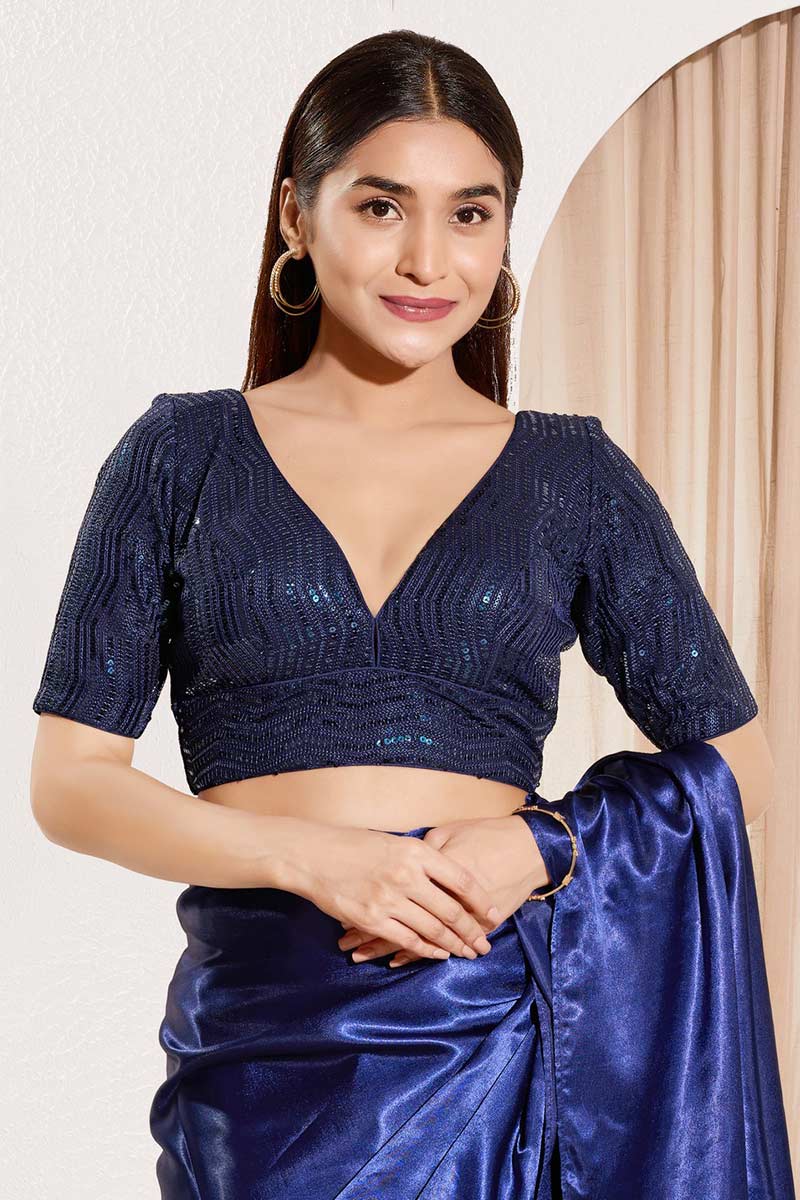 Navy Blue Party Blouse UK | Ready-to-Wear Designer Crop Blouse for Sarees RTI