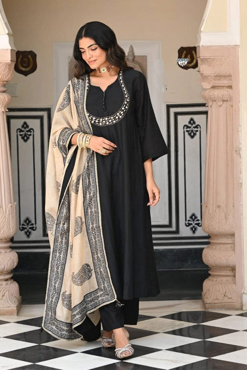 Black Embroidered Kurta Set UK | Contrast Printed Dupatta & Minimal Festive Wear RTI