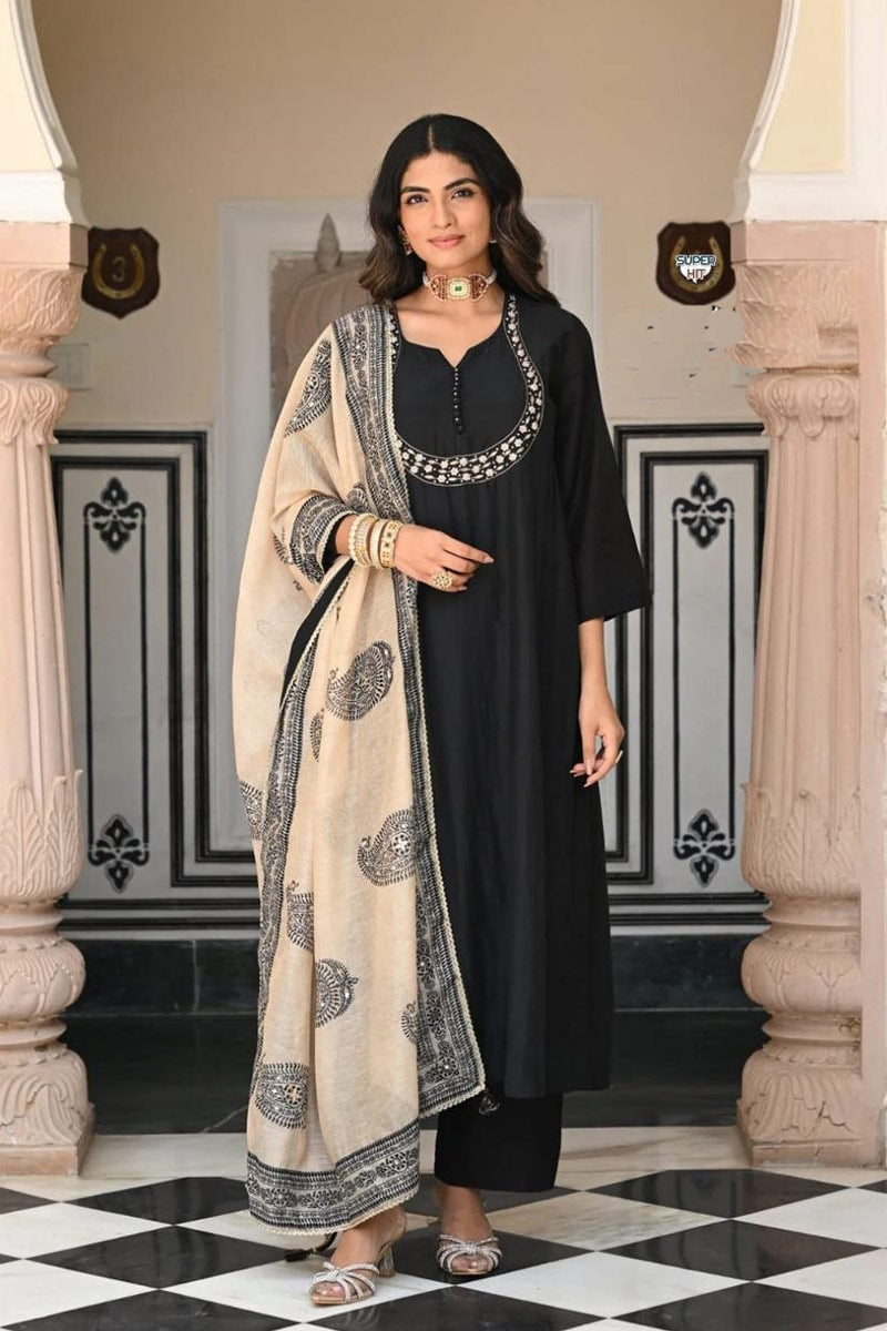 Black Embroidered Kurta Set UK | Contrast Printed Dupatta & Minimal Festive Wear RTI