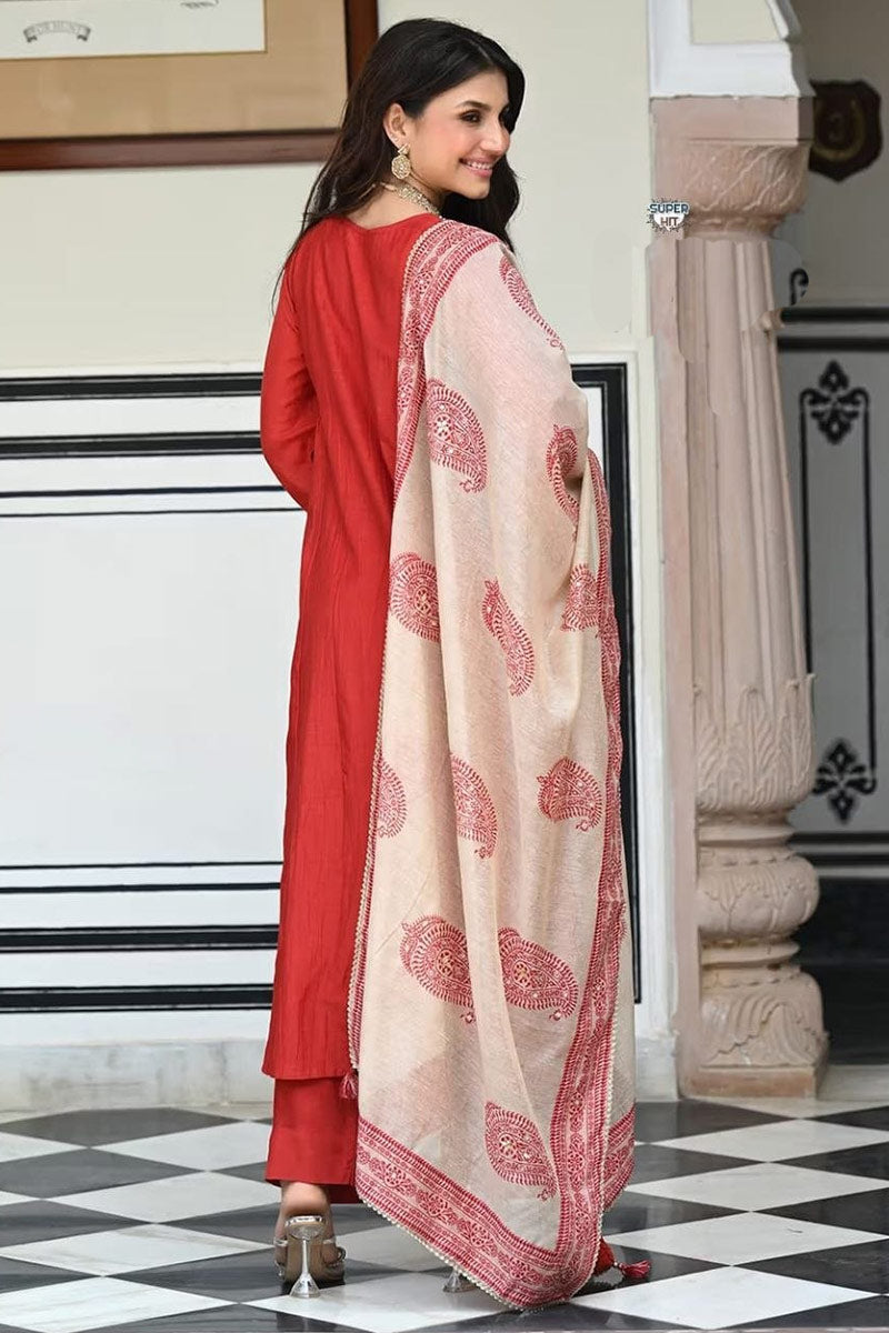 Classic Orange Ethnic Kurta Suit UK | Statement Neckline & Beige Printed Dupatta RTI