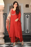 Classic Orange Ethnic Kurta Suit UK | Statement Neckline & Beige Printed Dupatta RTI