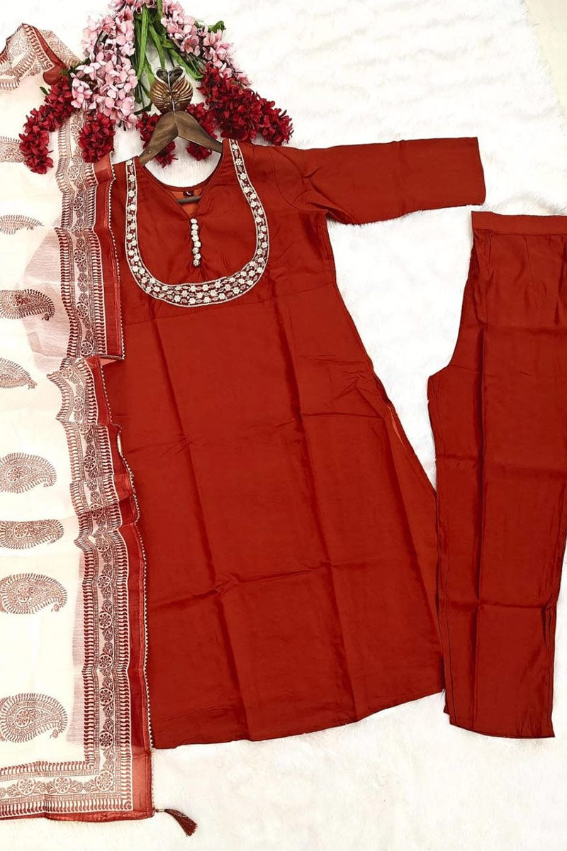 Classic Orange Ethnic Kurta Suit UK | Statement Neckline & Beige Printed Dupatta RTI