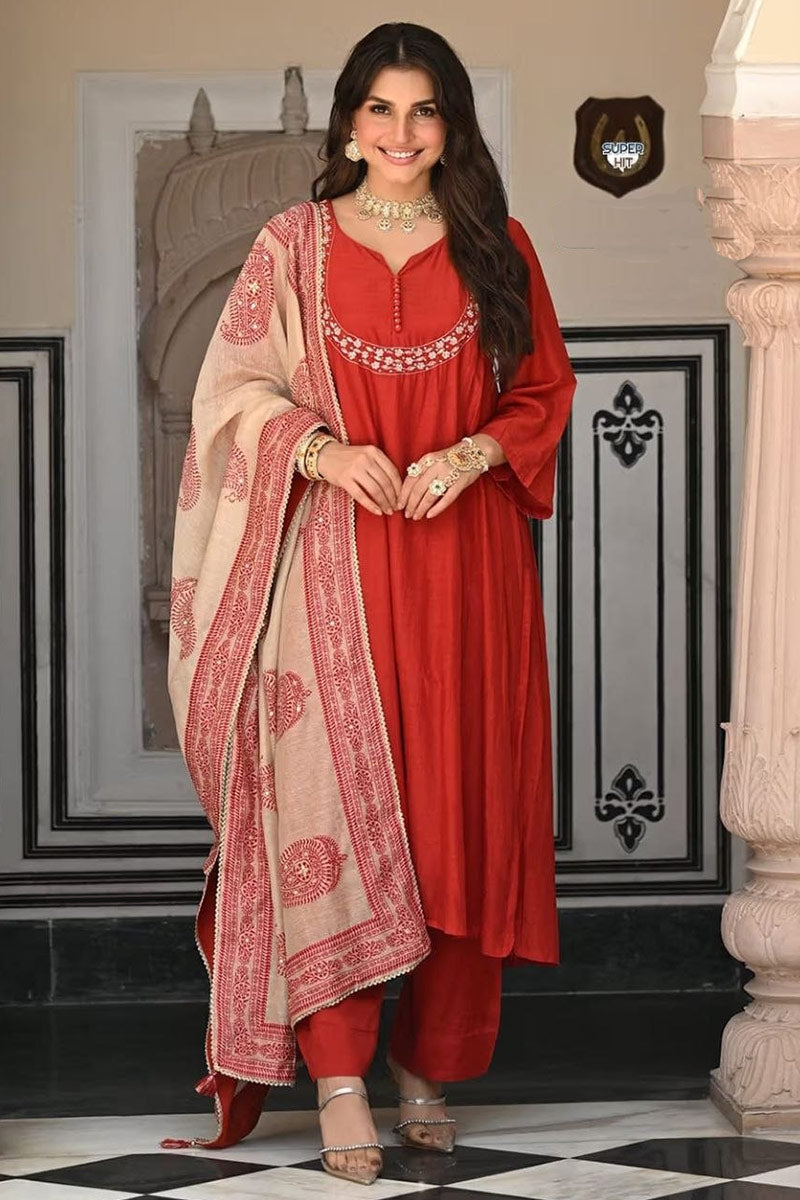 Classic Orange Ethnic Kurta Suit UK | Statement Neckline & Beige Printed Dupatta RTI