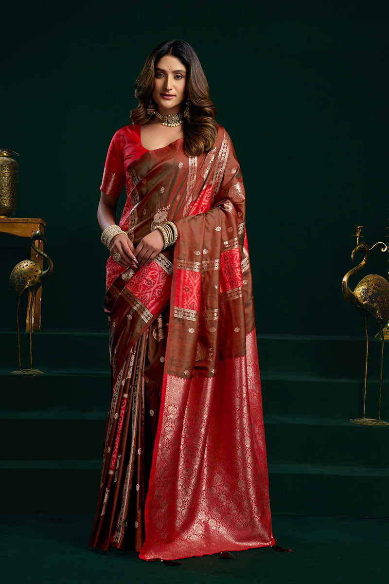 Brown Soft Silk Saree UK | Jacquard Woven Design & Elegant Festive Pallu RTI