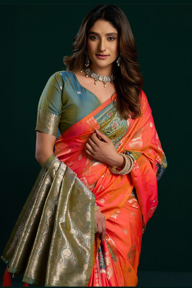 Orange Soft Silk Saree | Jacquard Work Traditional Indian Saree UK RTI