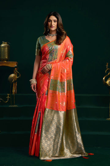 Orange Soft Silk Saree | Jacquard Work Traditional Indian Saree UK RTI