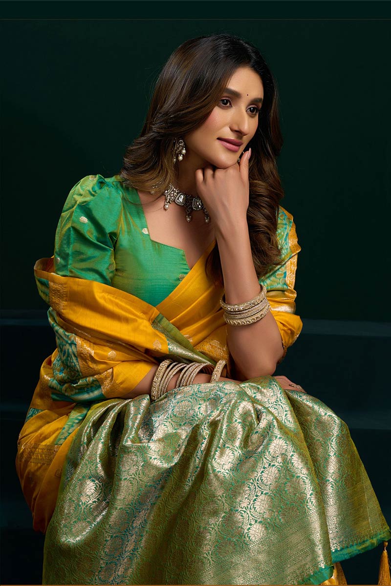 Yellow Jacquard Soft Silk Saree | Lightweight Festive Saree UK RTI
