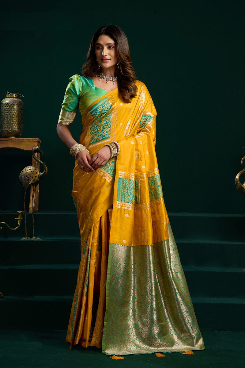 Yellow Jacquard Soft Silk Saree | Lightweight Festive Saree UK RTI