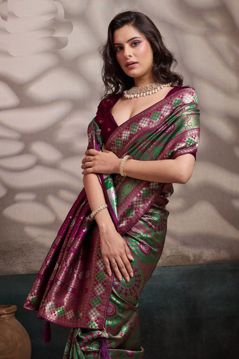Premium Green Soft Silk Saree UK | Zari & Meenakari Woven Wedding Saree with Contrast Wine Blouse RTI