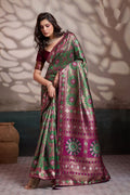 Premium Green Soft Silk Saree UK | Zari & Meenakari Woven Wedding Saree with Contrast Wine Blouse RTI
