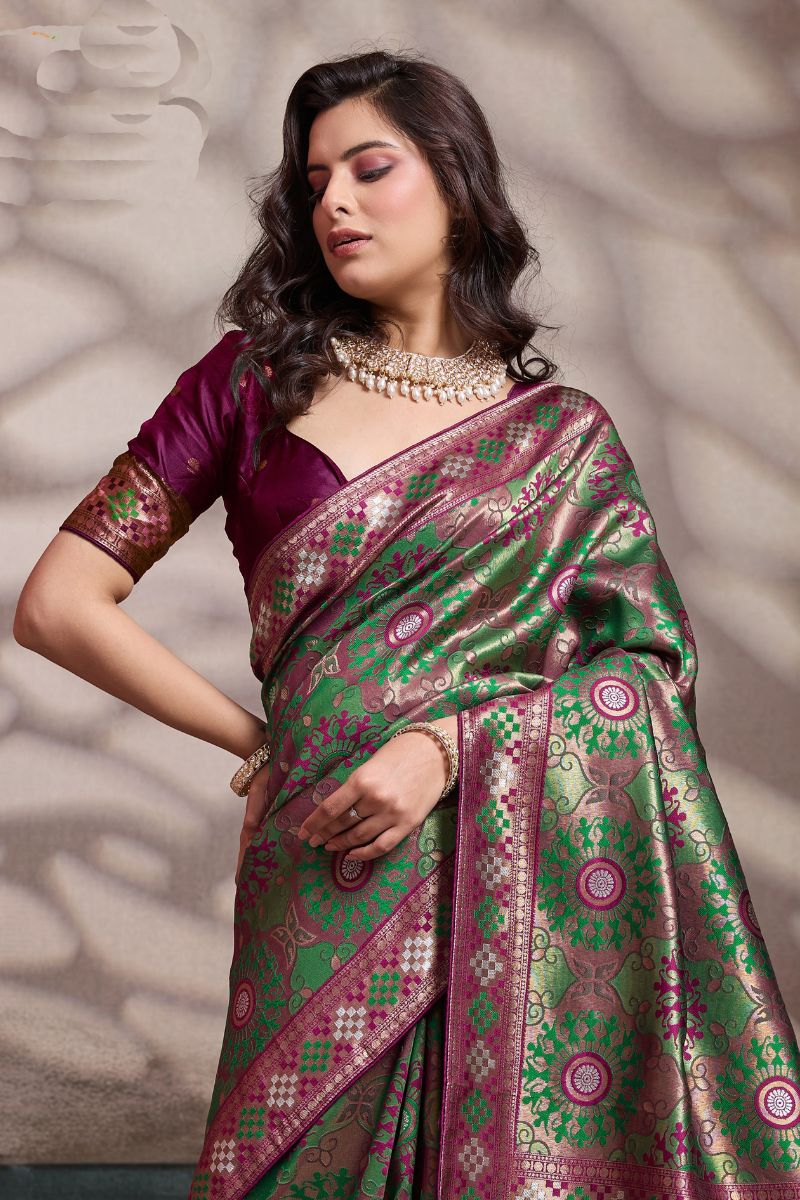 Premium Green Soft Silk Saree UK | Zari & Meenakari Woven Wedding Saree with Contrast Wine Blouse RTI