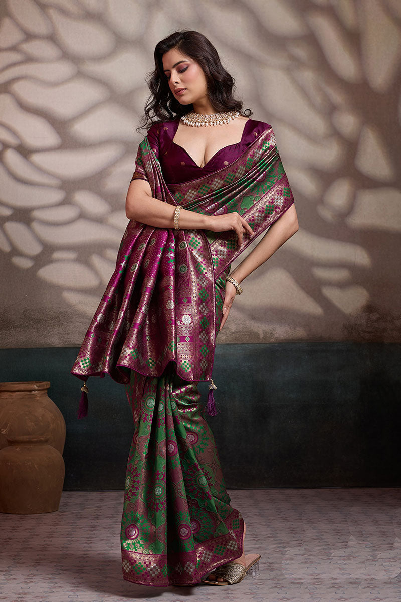 Premium Green Soft Silk Saree UK | Zari & Meenakari Woven Wedding Saree with Contrast Wine Blouse RTI