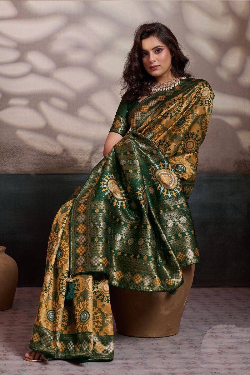 Premium Mustard Soft Silk Saree UK | Zari & Meenakari Woven Wedding Saree with Contrast Green Blouse RTI