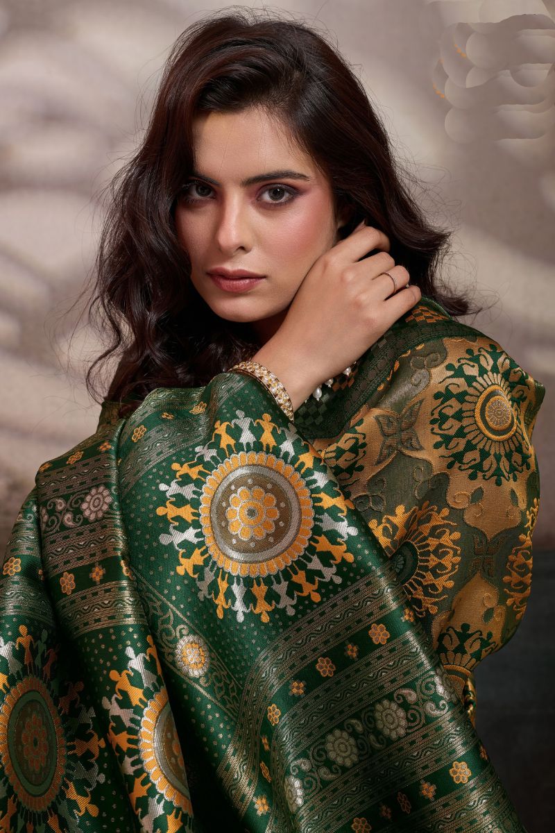 Premium Mustard Soft Silk Saree UK | Zari & Meenakari Woven Wedding Saree with Contrast Green Blouse RTI