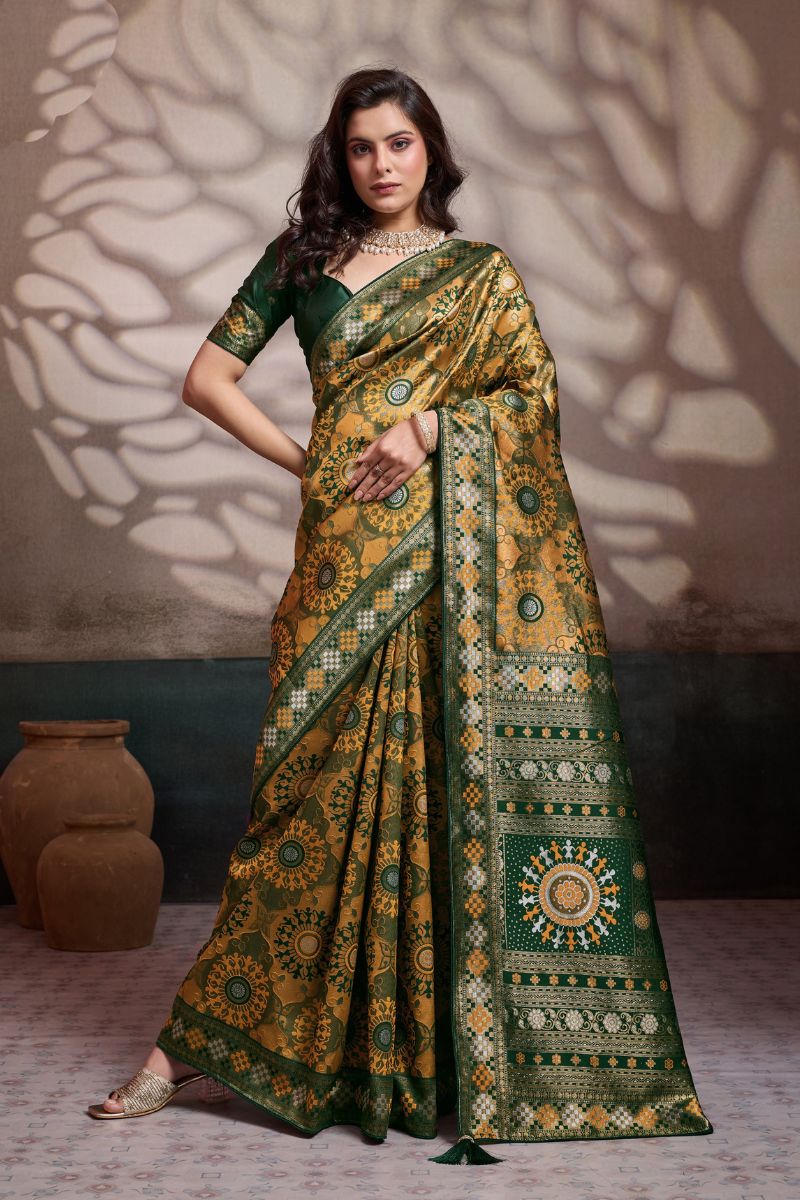 Premium Mustard Soft Silk Saree UK | Zari & Meenakari Woven Wedding Saree with Contrast Green Blouse RTI