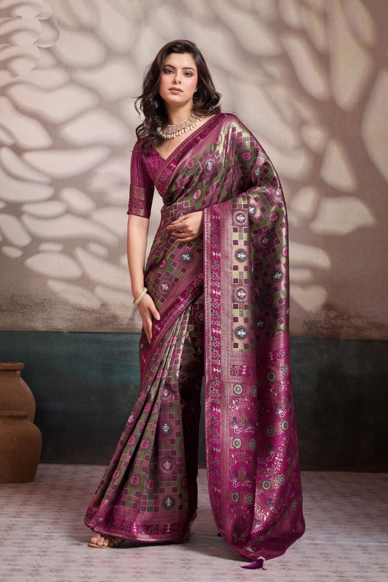 Premium Mehendi Green Soft Silk Saree UK | Zari & Meenakari Woven Wedding Saree with Contrast Wine Blouse (Copy) RTI