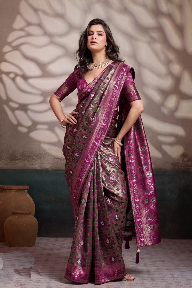 Premium Mehendi Green Soft Silk Saree UK | Zari & Meenakari Woven Wedding Saree with Contrast Wine Blouse (Copy) RTI