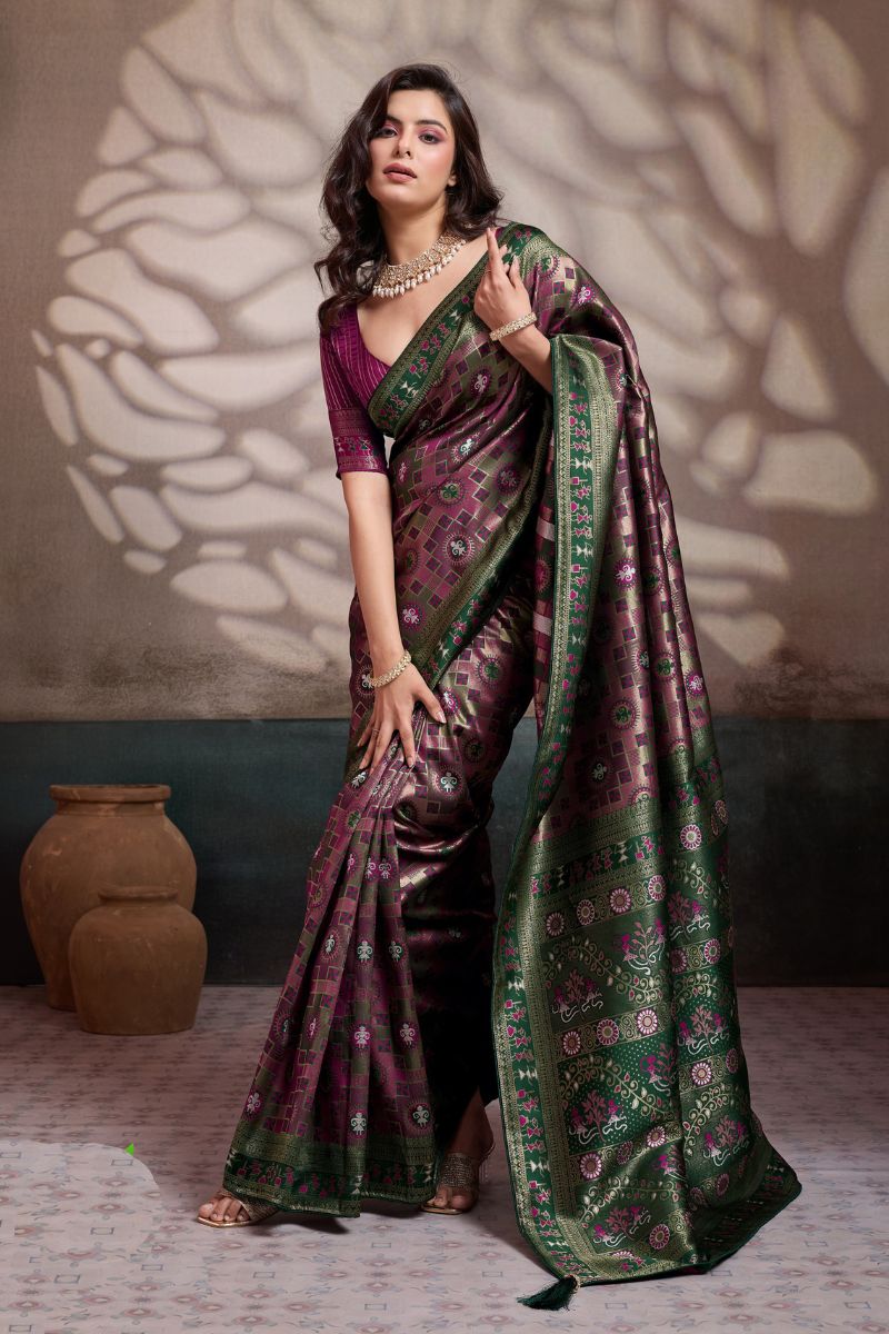 Premium Mauve Soft Silk Saree UK | Zari & Meenakari Woven Wedding Saree with Contrast Wine Blouse RTI
