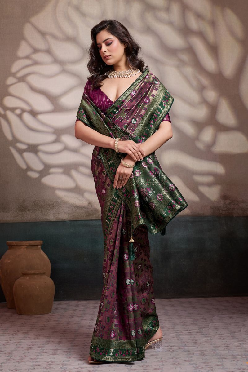 Premium Mauve Soft Silk Saree UK | Zari & Meenakari Woven Wedding Saree with Contrast Wine Blouse RTI