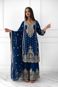 Blue Heavy Embroidered Chinnon Silk Salwar Suit Set with Dupatta RTI