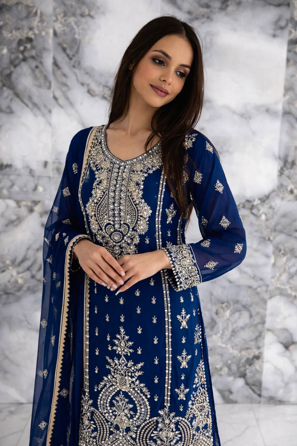 Blue Heavy Embroidered Chinnon Silk Salwar Suit Set with Dupatta RTI